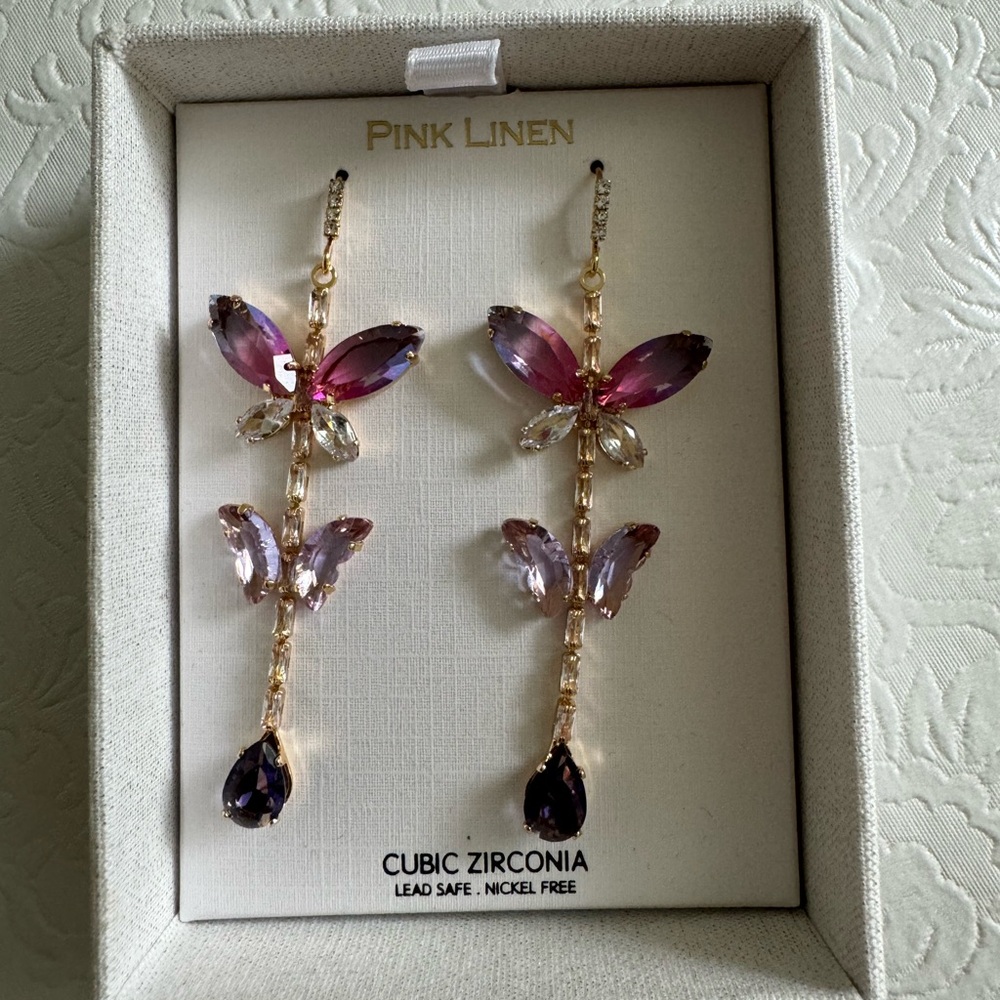Pink Linen Butterfly Linear Earrings